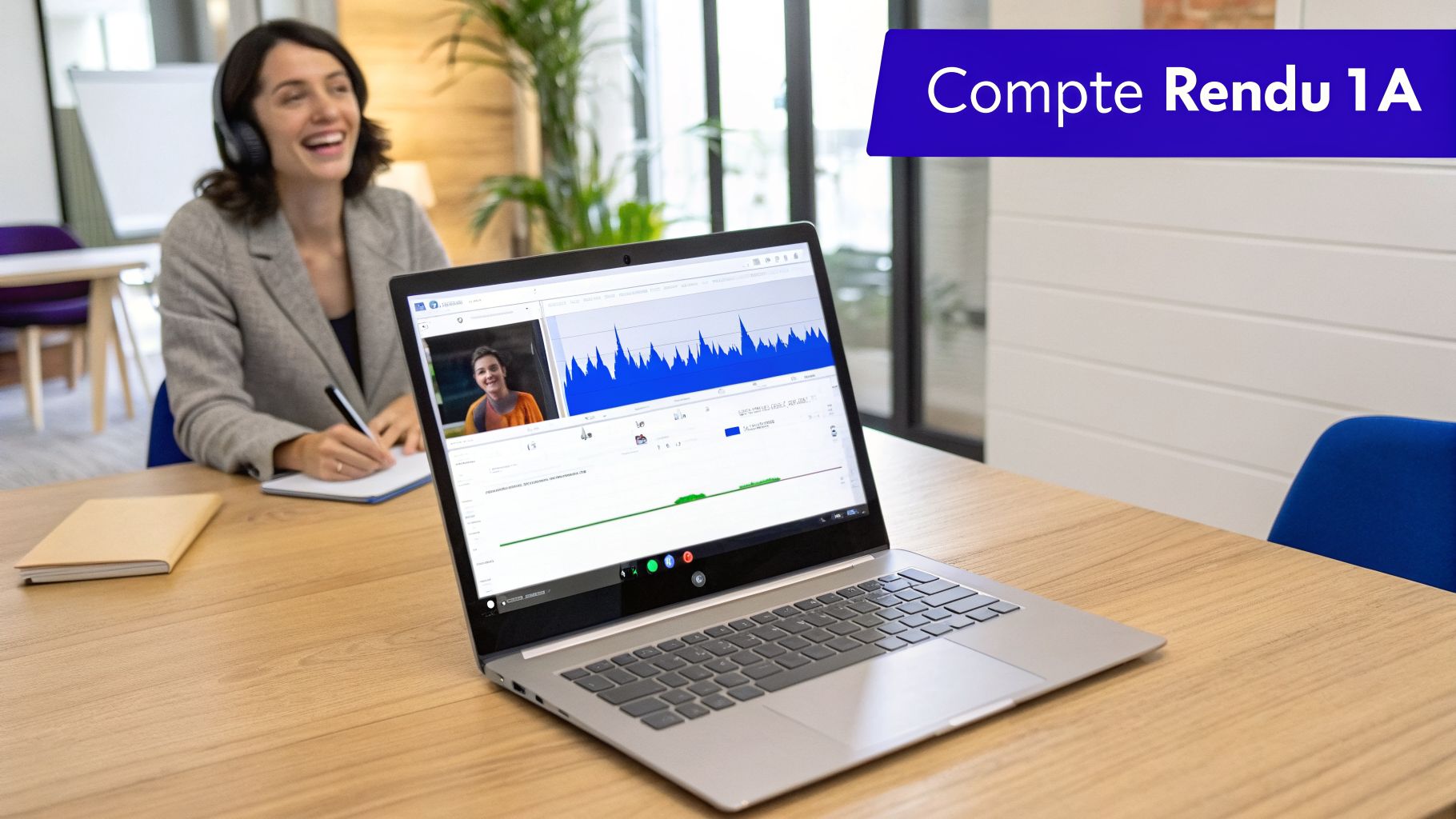 Femme souriante avec casque écrit, regardant un écran d'ordinateur portable affichant un appel vidéo et des graphiques. Contexte de bureau.