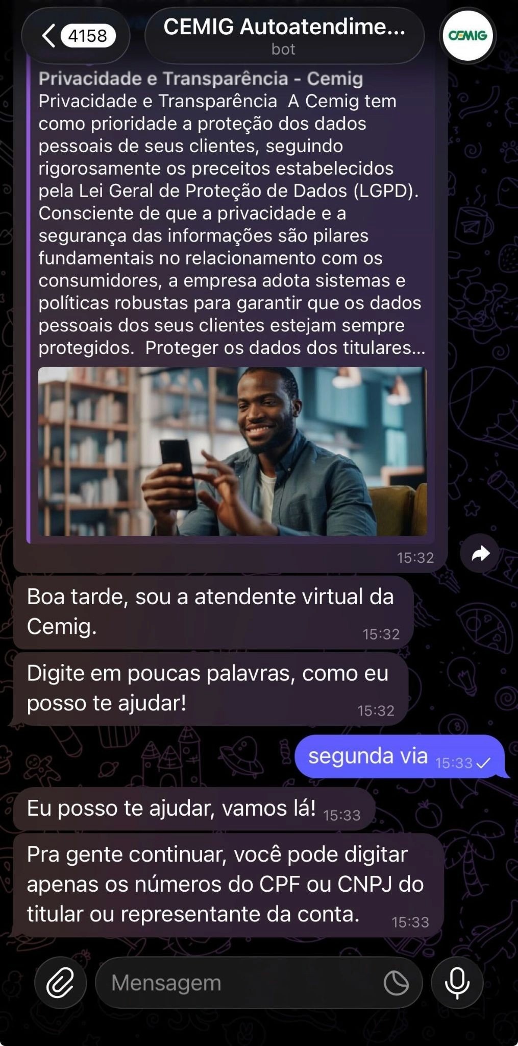 Tela de Atendimento da Cemig por Telegram