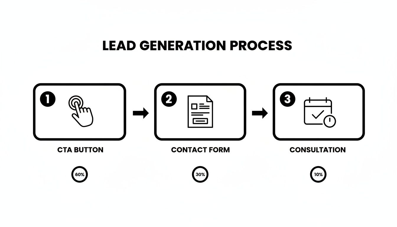 Diagram showing a lead generation process: CTA button (60%), contact form (30%), and consultation (10%).
