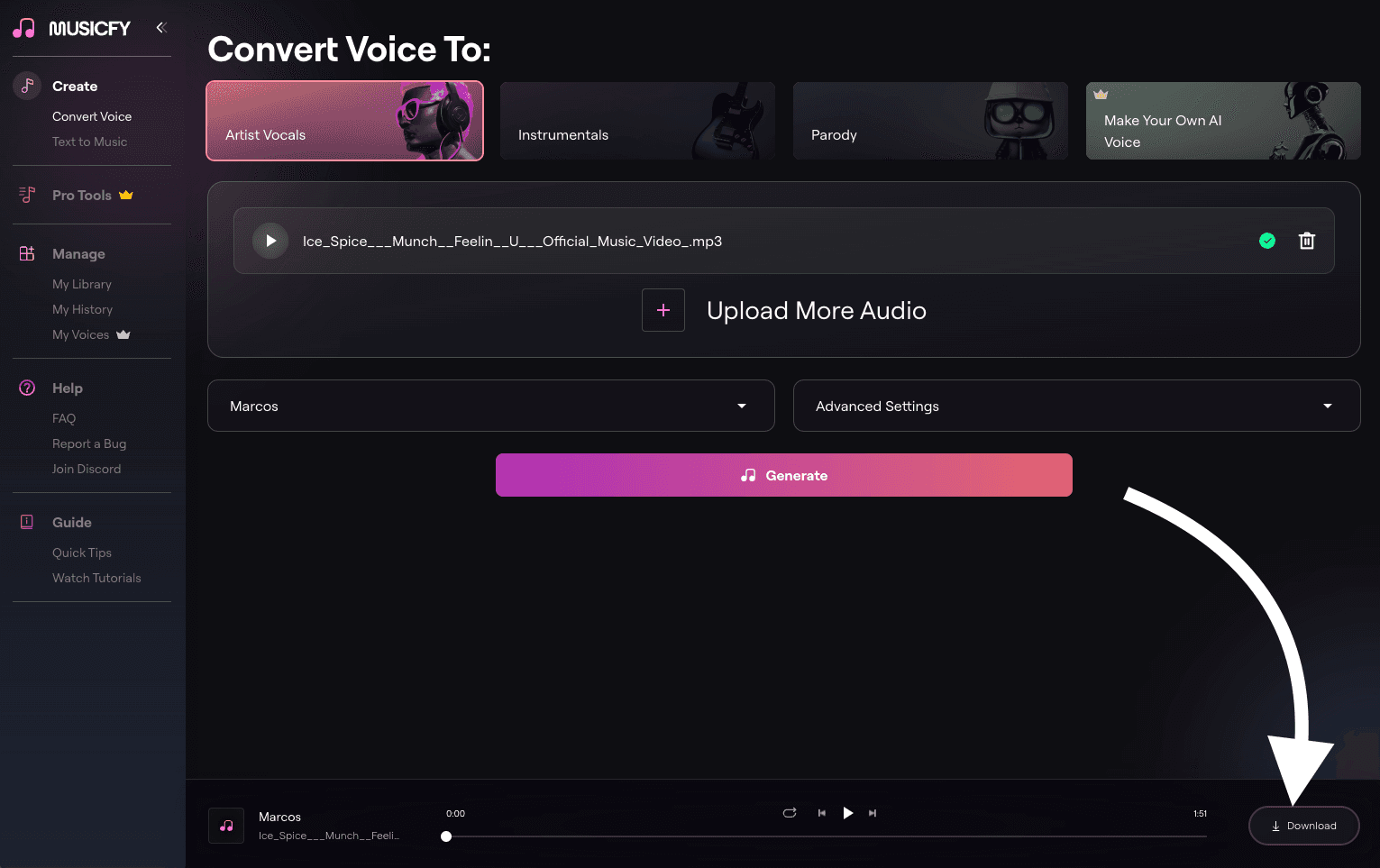 Musicfy AI Voice to remove background music