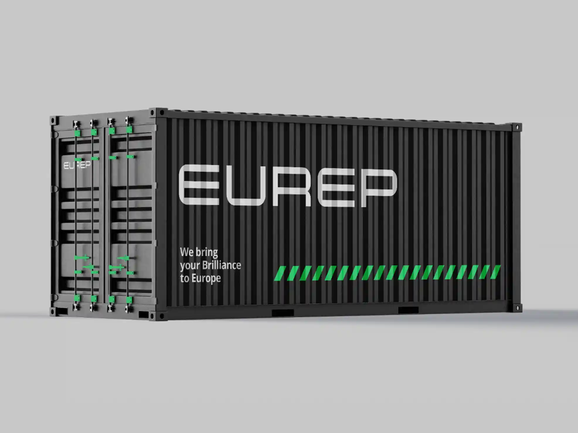 Anthrazitfarbener Schiffscontainer mit aufgedrucktem Logo und Slogan von EUREP