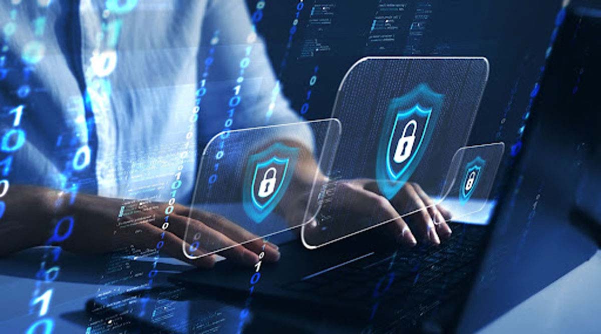 A person walks in front of large stone arches with dark doors, flanked by tall columns, in a historic building.