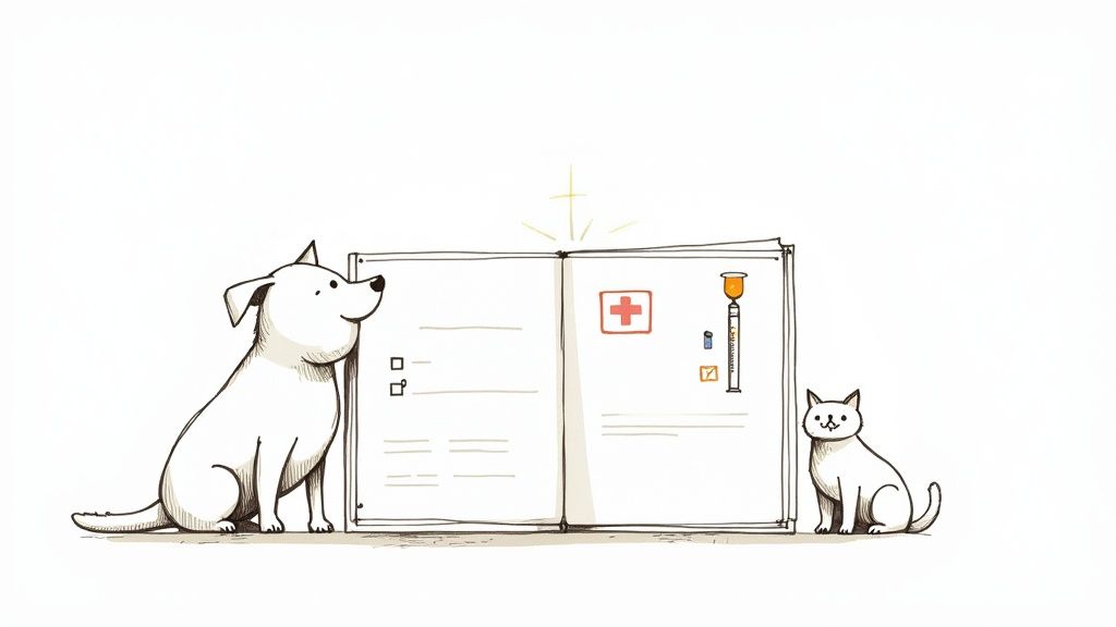 A veterinarian checking a happy dog sitting on an examination table