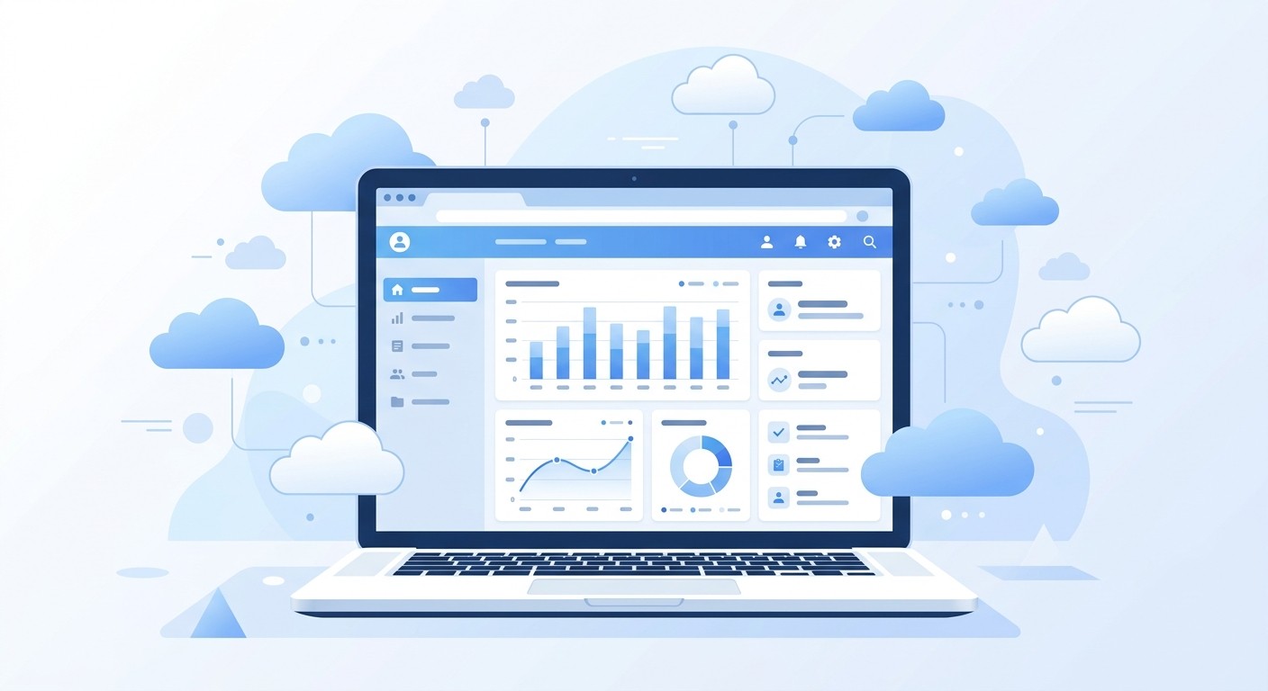 Illustration of a web app running in a browser with cloud icons around it