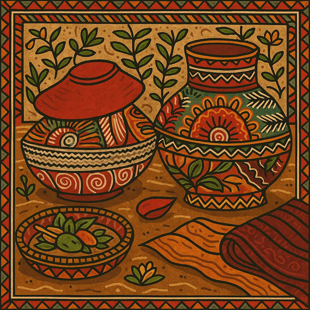 Beautifully decorated wedding pots in Mithila style painting