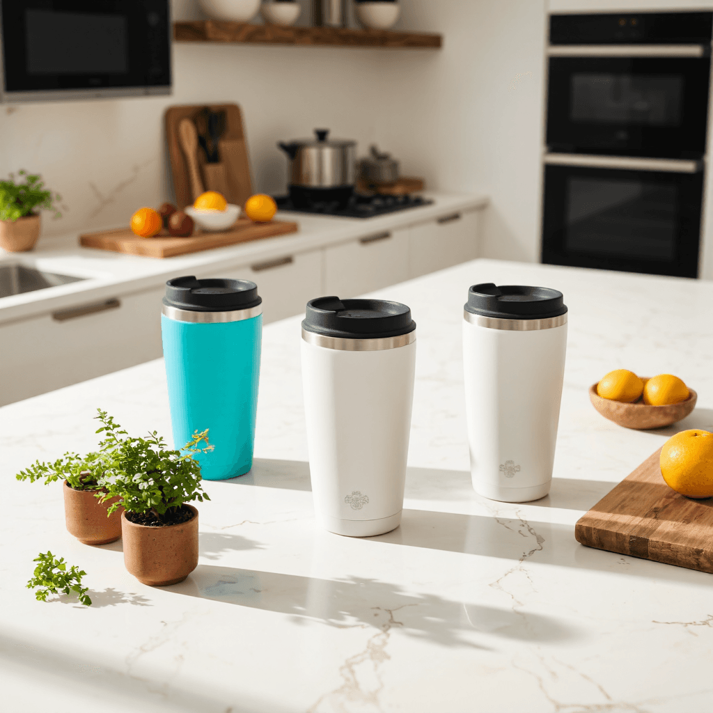 product photography of travel mugs