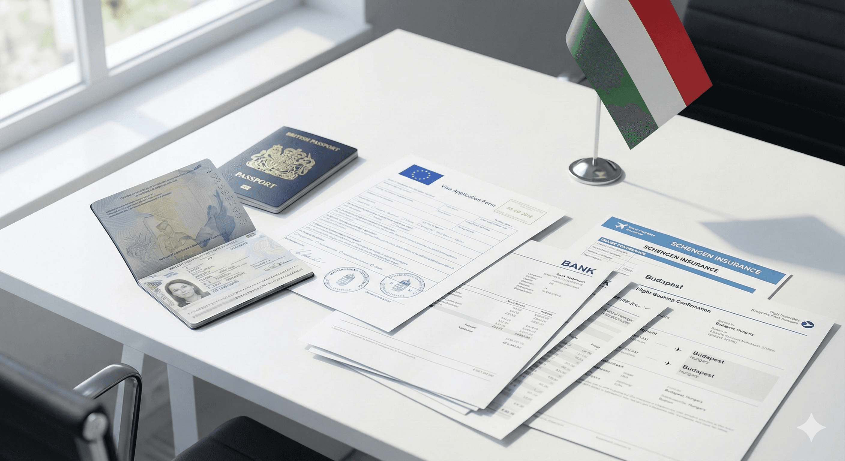 Hungary flag with passport and visa application documents on desk representing Hungary Schengen visa requirements for UK residents