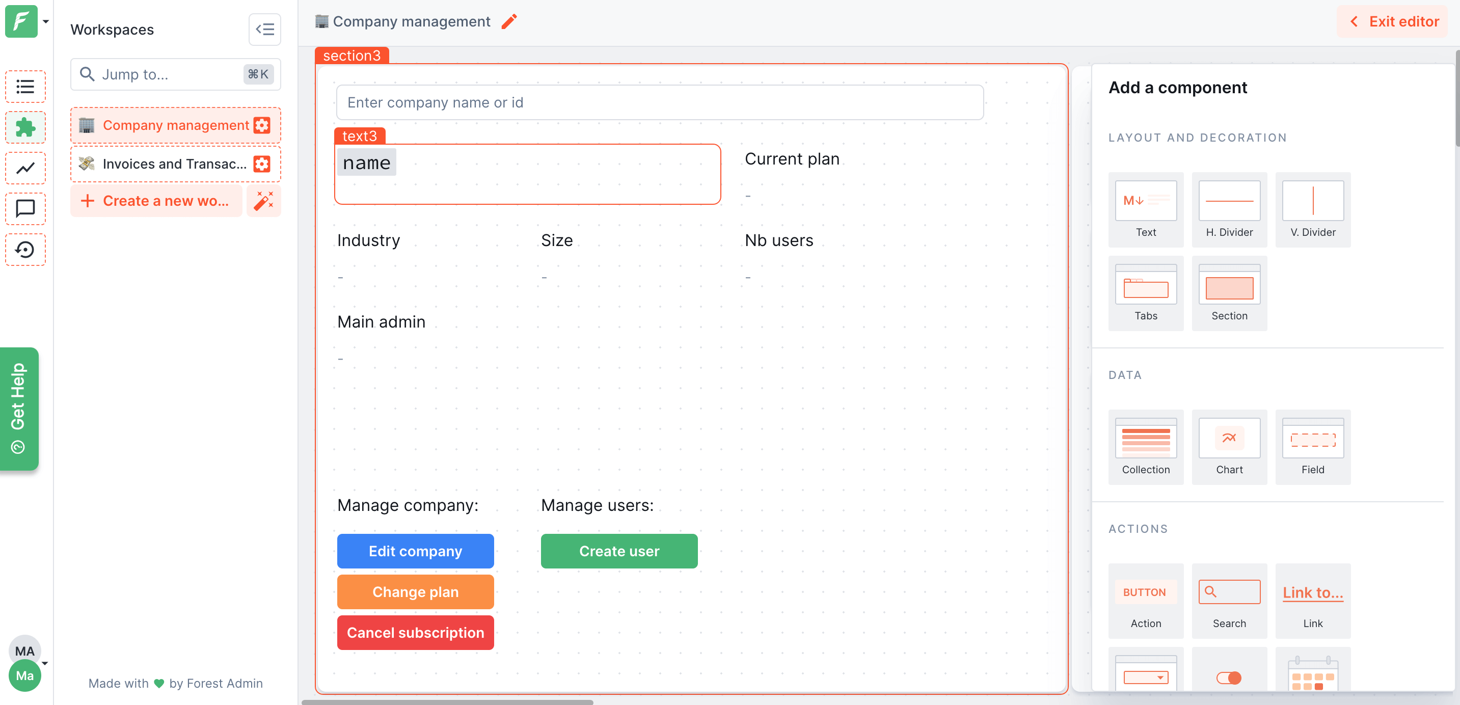 A screenshot from Forest Admin demo project presenting a workspace in the layout editor.