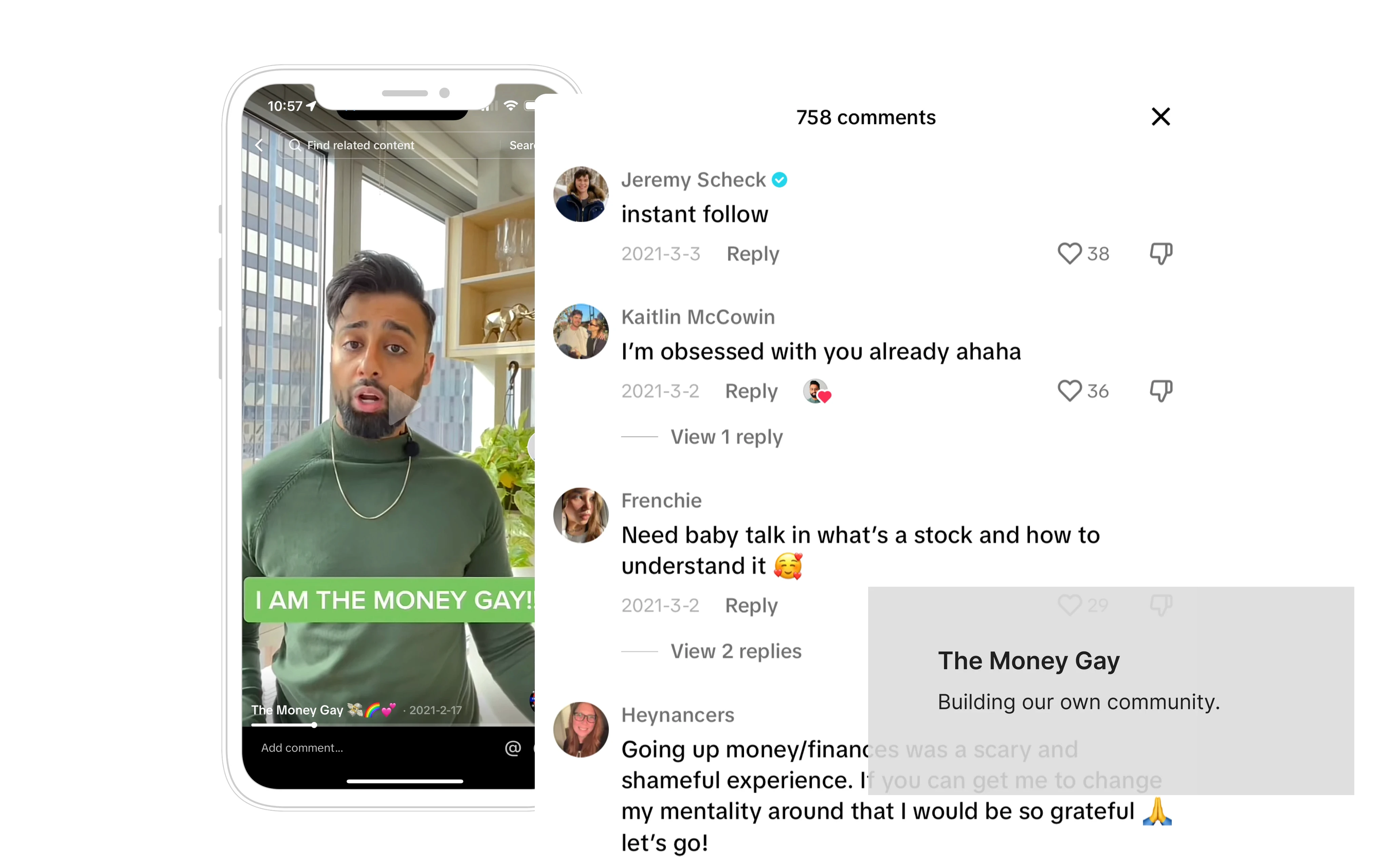 Screenshot of The Money Gay on TikTok plus a closeup of enthusiastic comments.