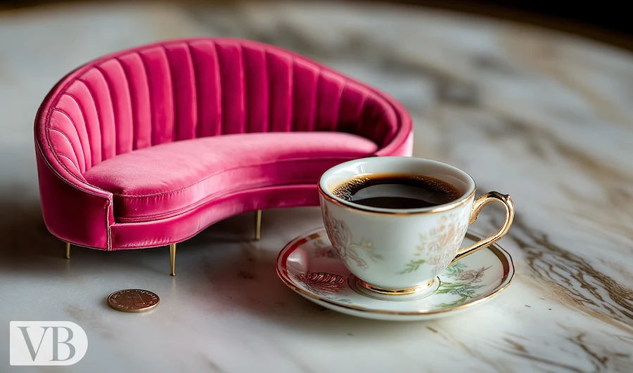 Tiny pink velvet dollhouse couch beside coin and teacup on marble surface