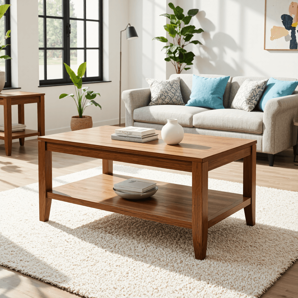 product photography of wooden coffee table with a lower shelf