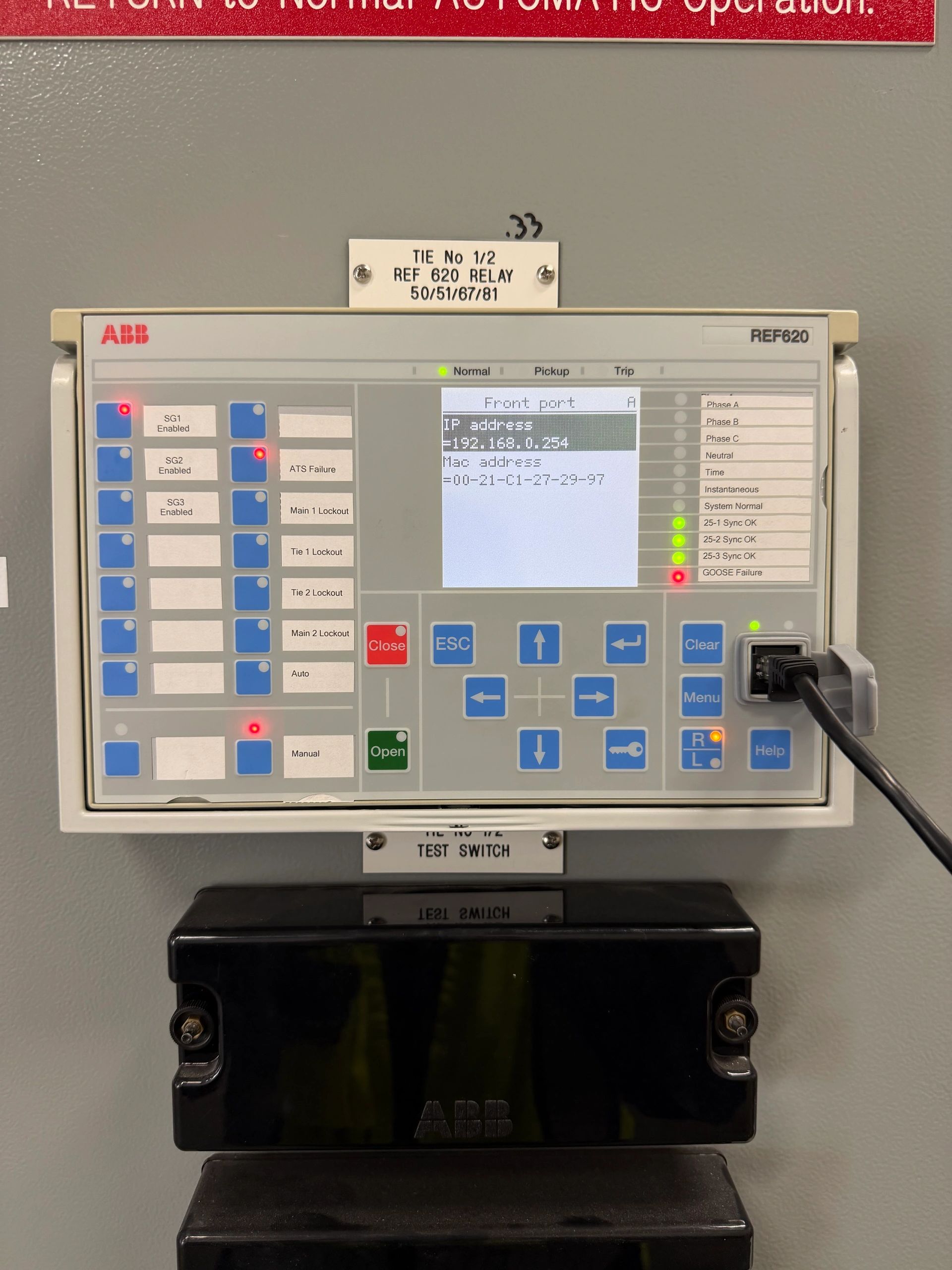 Protective relay front panel during testing