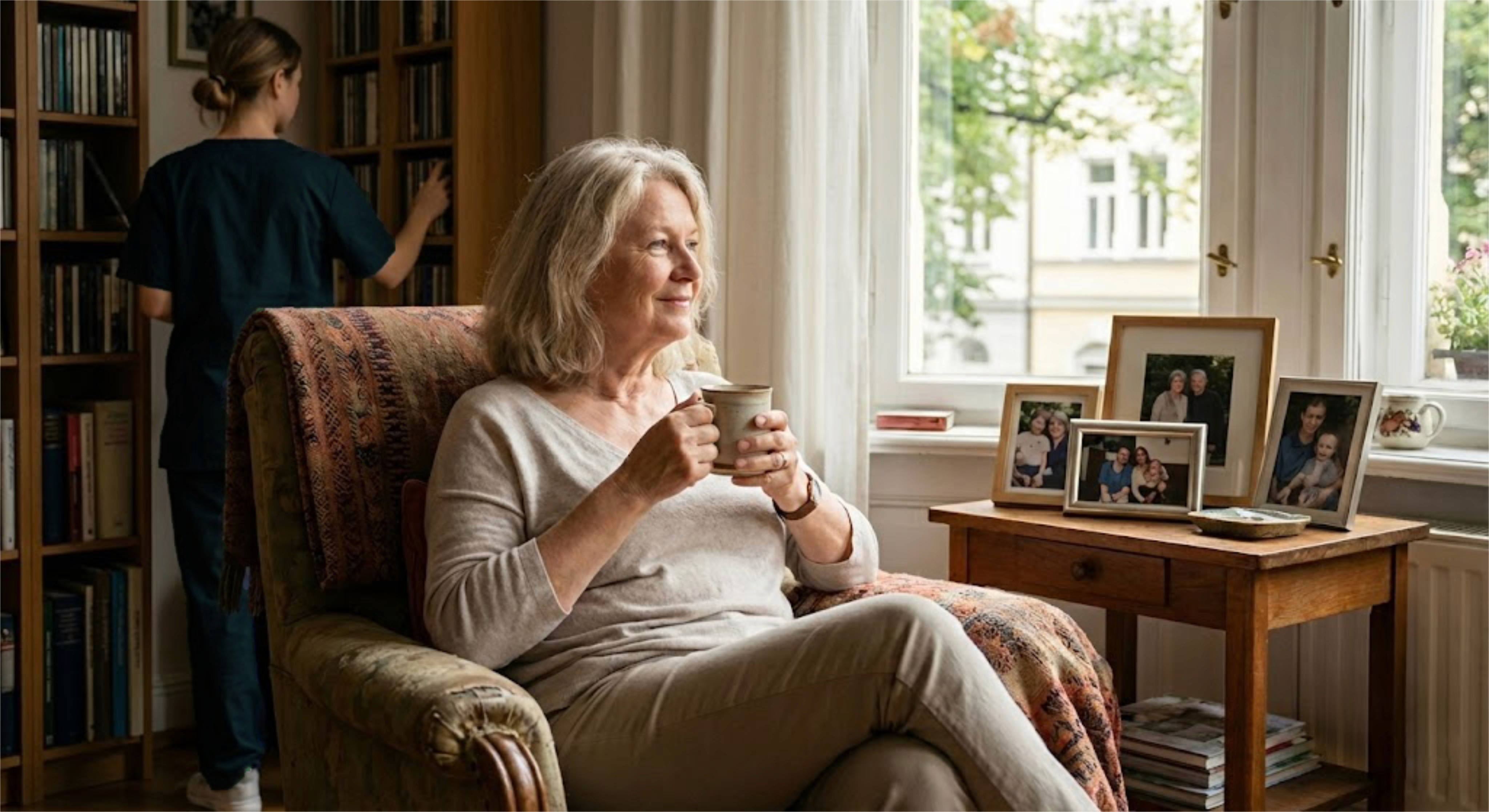 Eine Seniorin die einen Kaffee trinkt und aus dem Fenster schaut. Im Hintergrund sieht man eine Pflegekraft die das Regal räumt