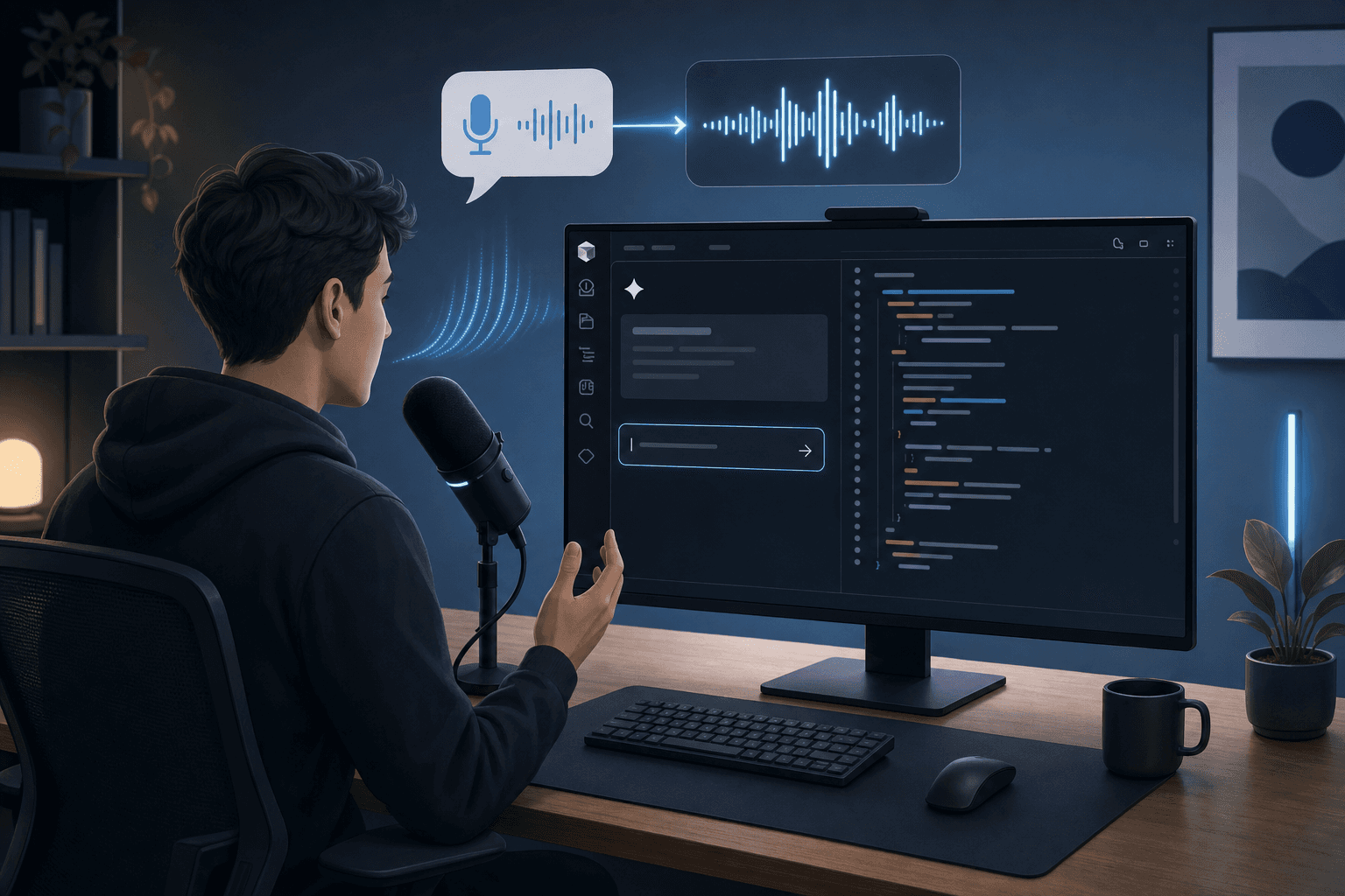 A clean, modern illustration of a developer at a desk speaking into a microphone. A speech bubble shows spoken words transforming into a voice waveform. On their monitor, an AI coding IDE (like Cursor) displays a prompt input field with generated code appearing in the editor panel. The overall aesthetic is minimal and tech-forward, with a dark editor theme and soft blue accent colors representing the voice input flow.