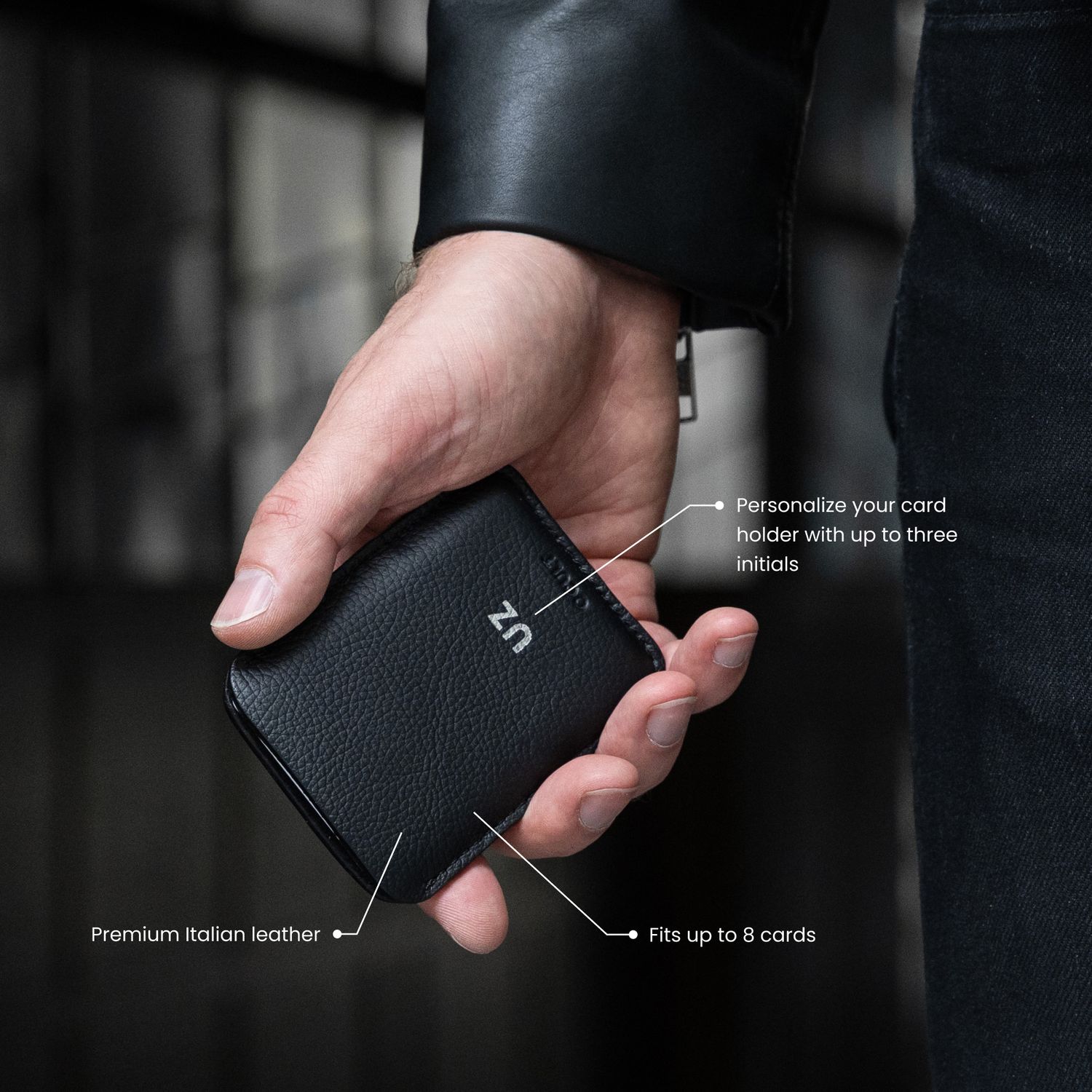 Black leather card holder infographics