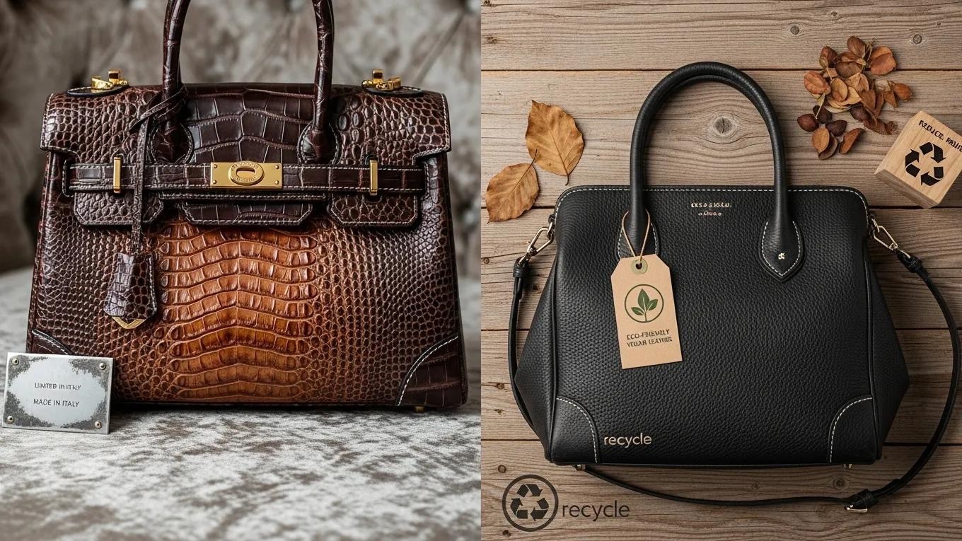 Split scene comparing a luxurious designer item with an affordable dupe, highlighting ethical fashion considerations