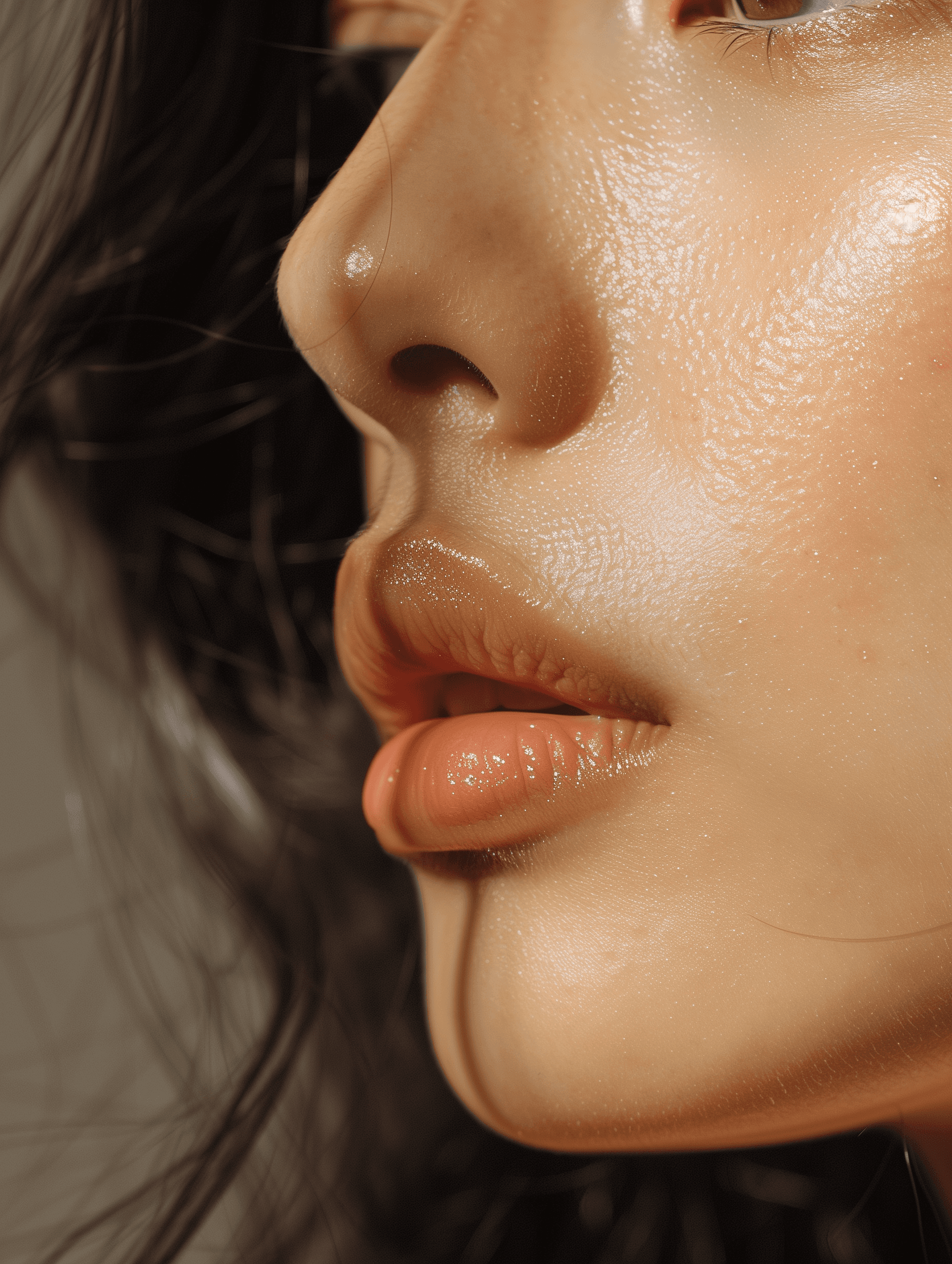 Close-up of a woman's dewy lips and nose with radiant skin, emphasizing natural beauty and glowing complexion.