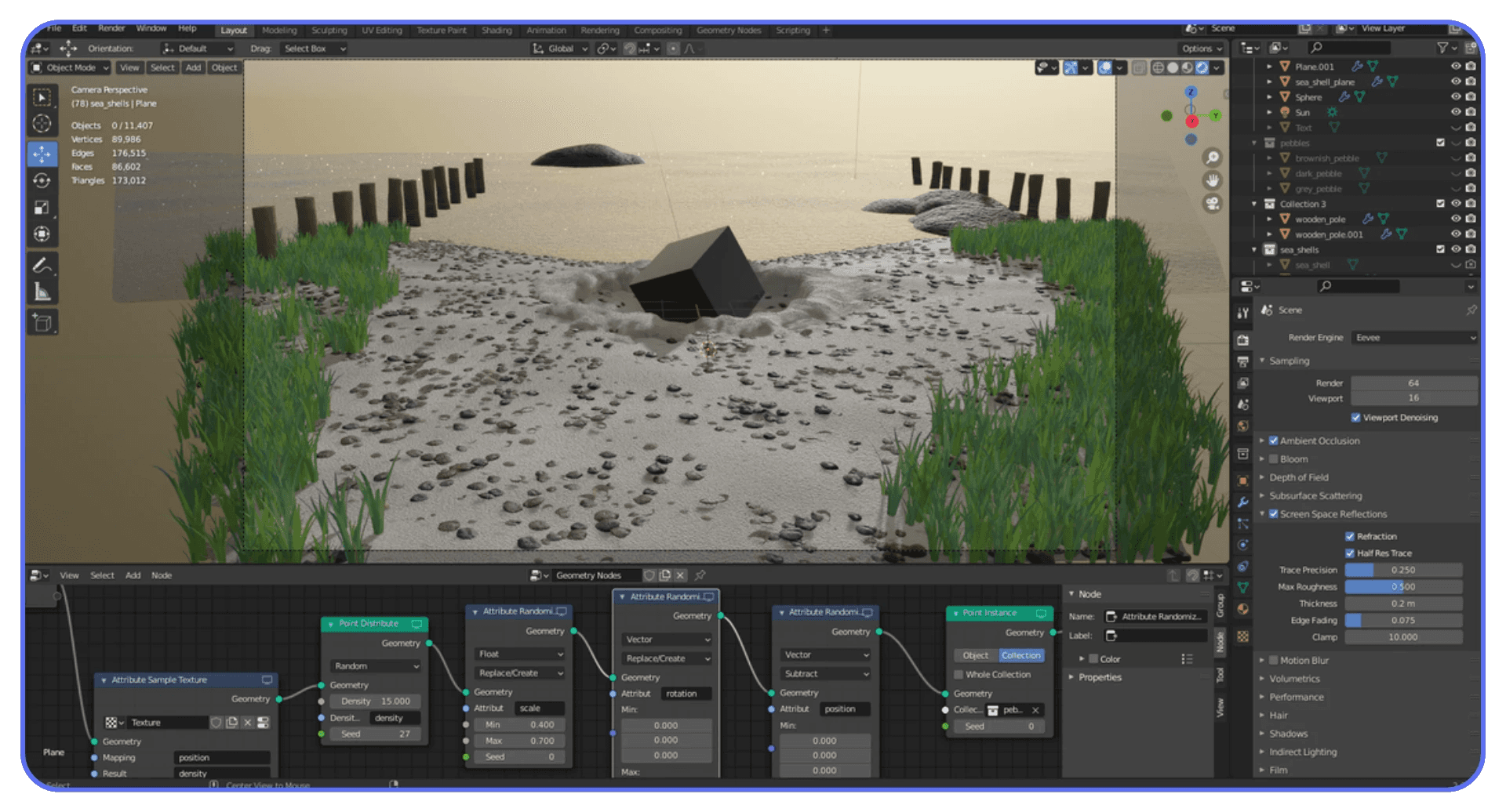 Blender workspace featuring a sandy beach scene with rocks, grass, and wooden posts, while the Geometry Nodes editor below shows the procedural node setup used for scattering assets.