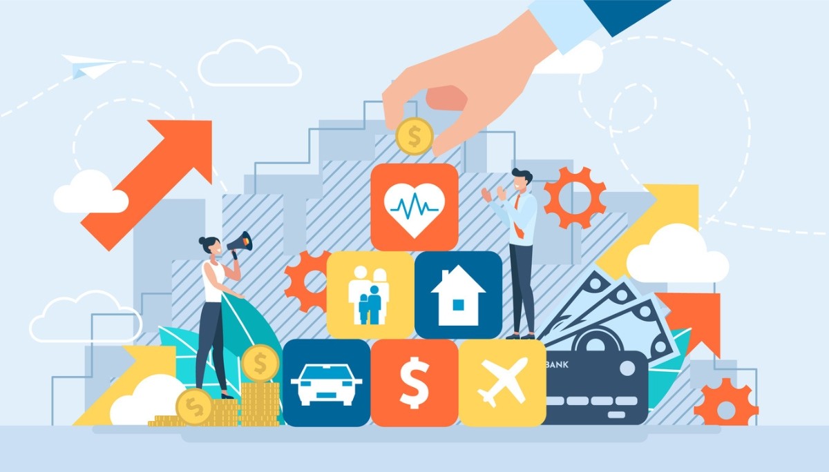 Illustration of a woman seated at a desk working on a computer, holding a paper while a large monitor behind her shows a rocket launch, surrounded by floating dollar signs, gears, paper airplanes, and a light bulb.