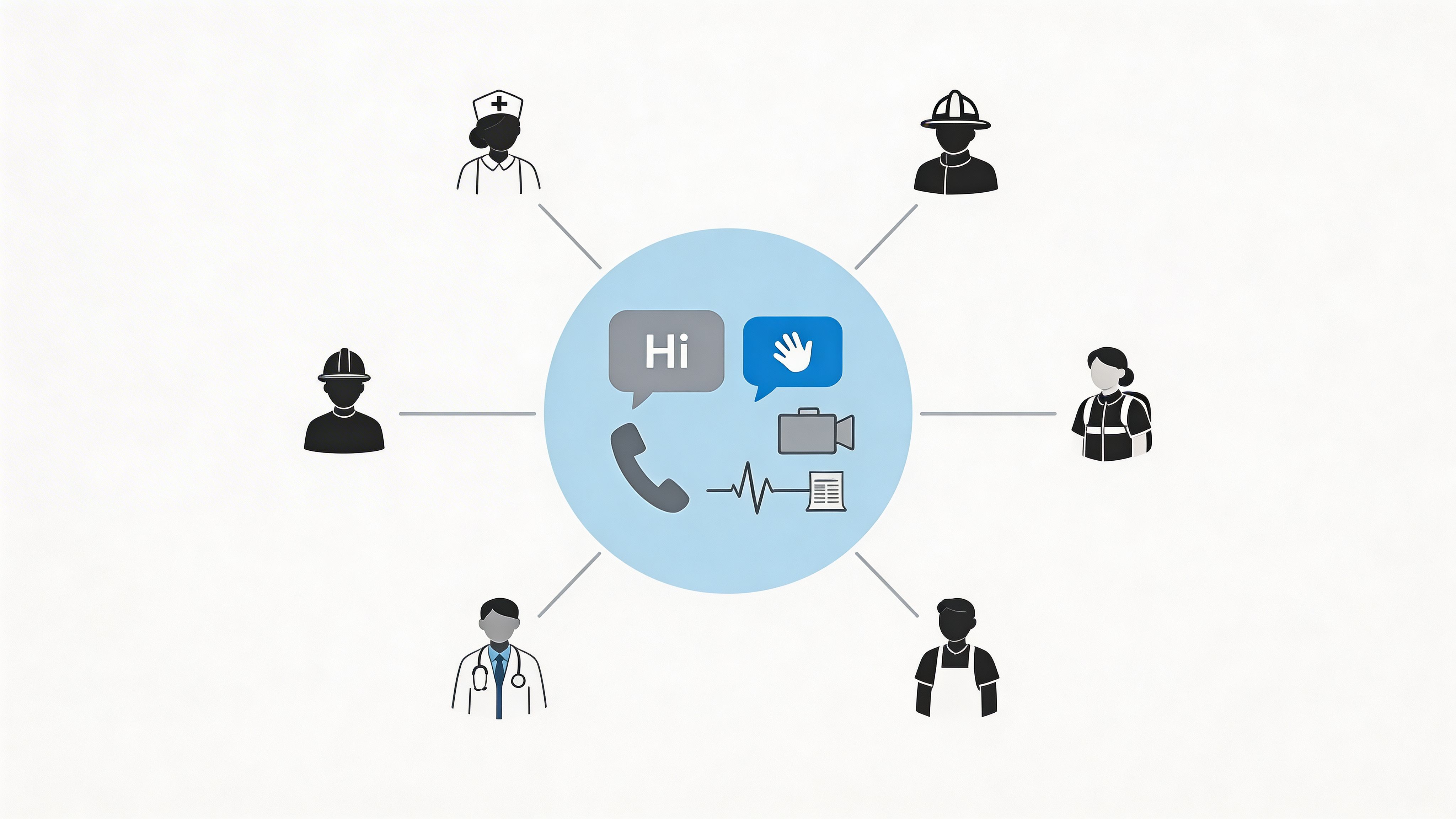 A central blue circle with icons for communication, connected to various professional worker illustrations around it.