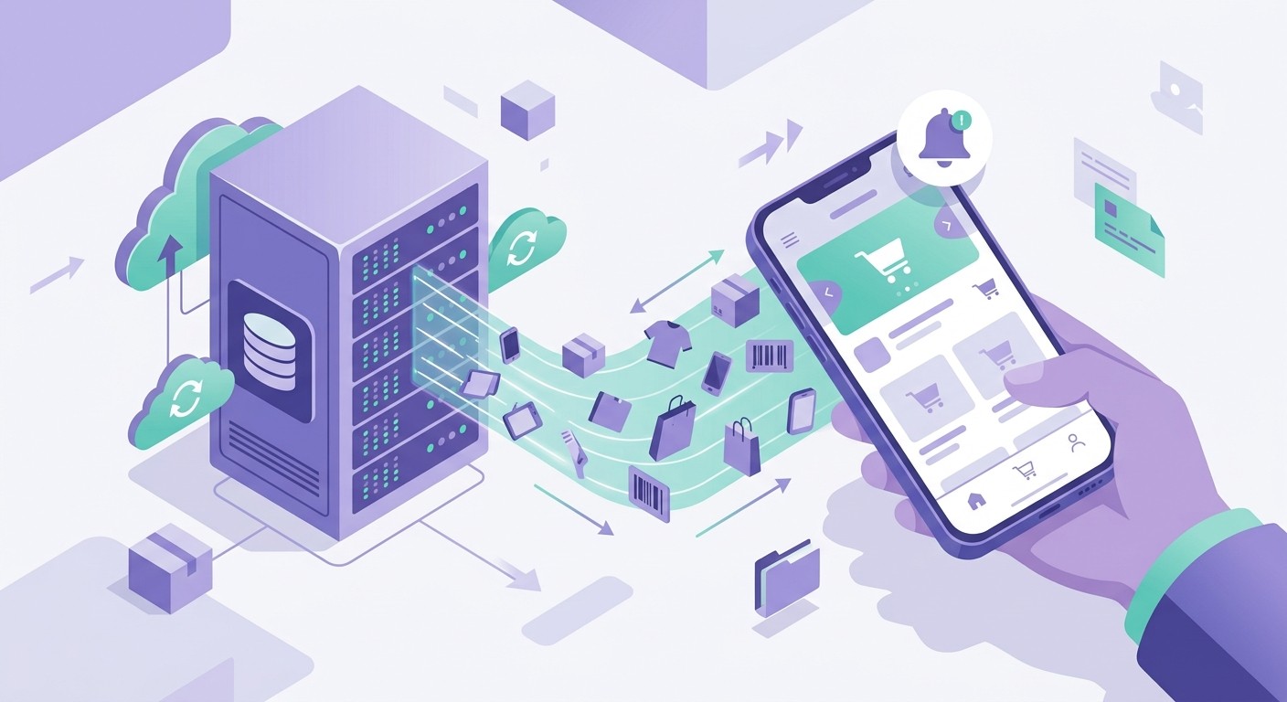 Concept illustration of a mobile commerce app syncing product data from an online store in real time