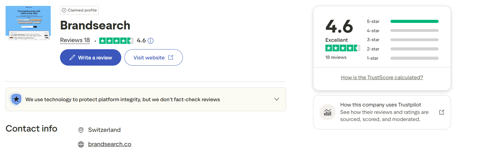 Brandsearch Trustpilot rating page showing 4.6 stars and reviews.