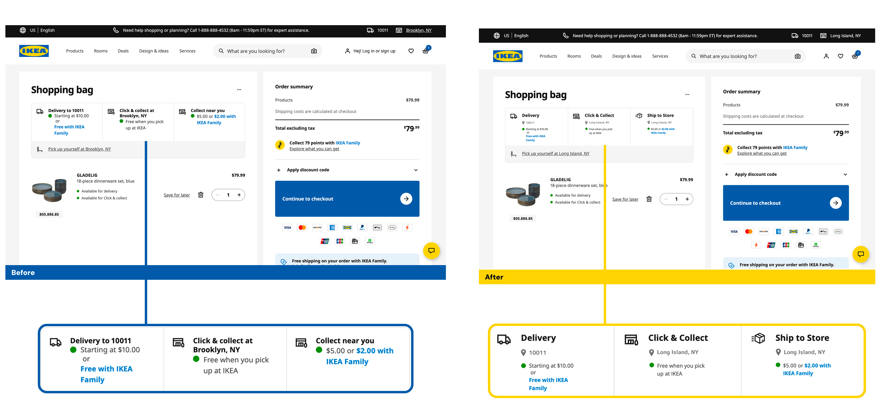 Full before and after of the IKEA shopping bag page, showing original fulfillment labels replaced with simplified, distinct terminology and unique icons for Delivery, Click & Collect, and Ship to Store.
