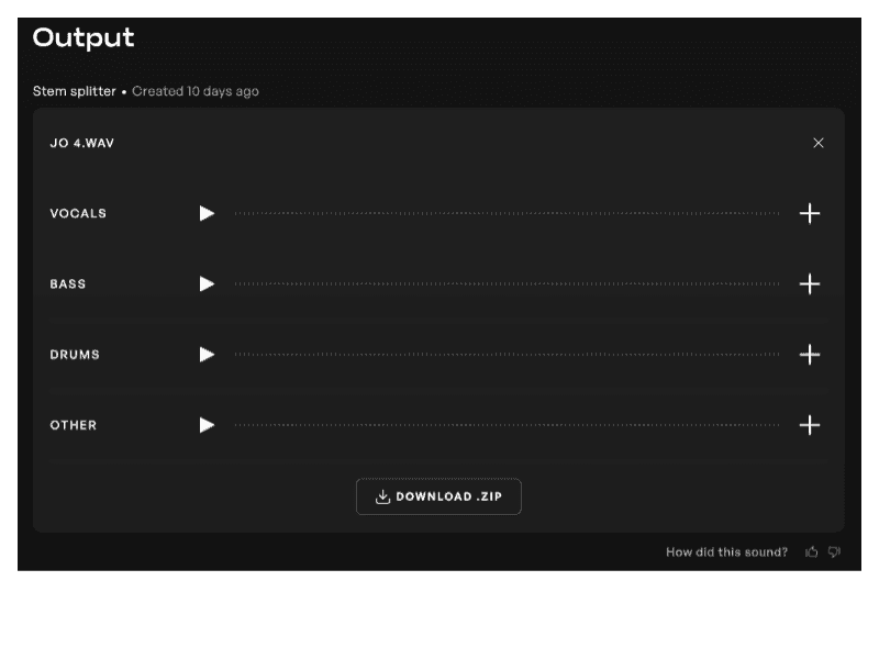 Outputs files from the Kits AI Stem Splitter tool separated into Vocals, Bass, Drums, and Other audio files. 