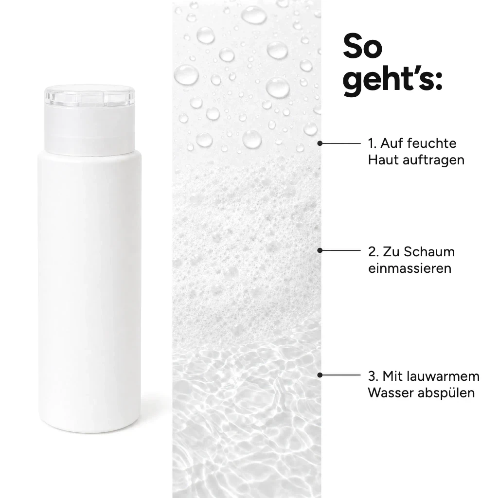 Anwendungsgrafik in drei Schritten mit weißer Flasche und Wassertropfen