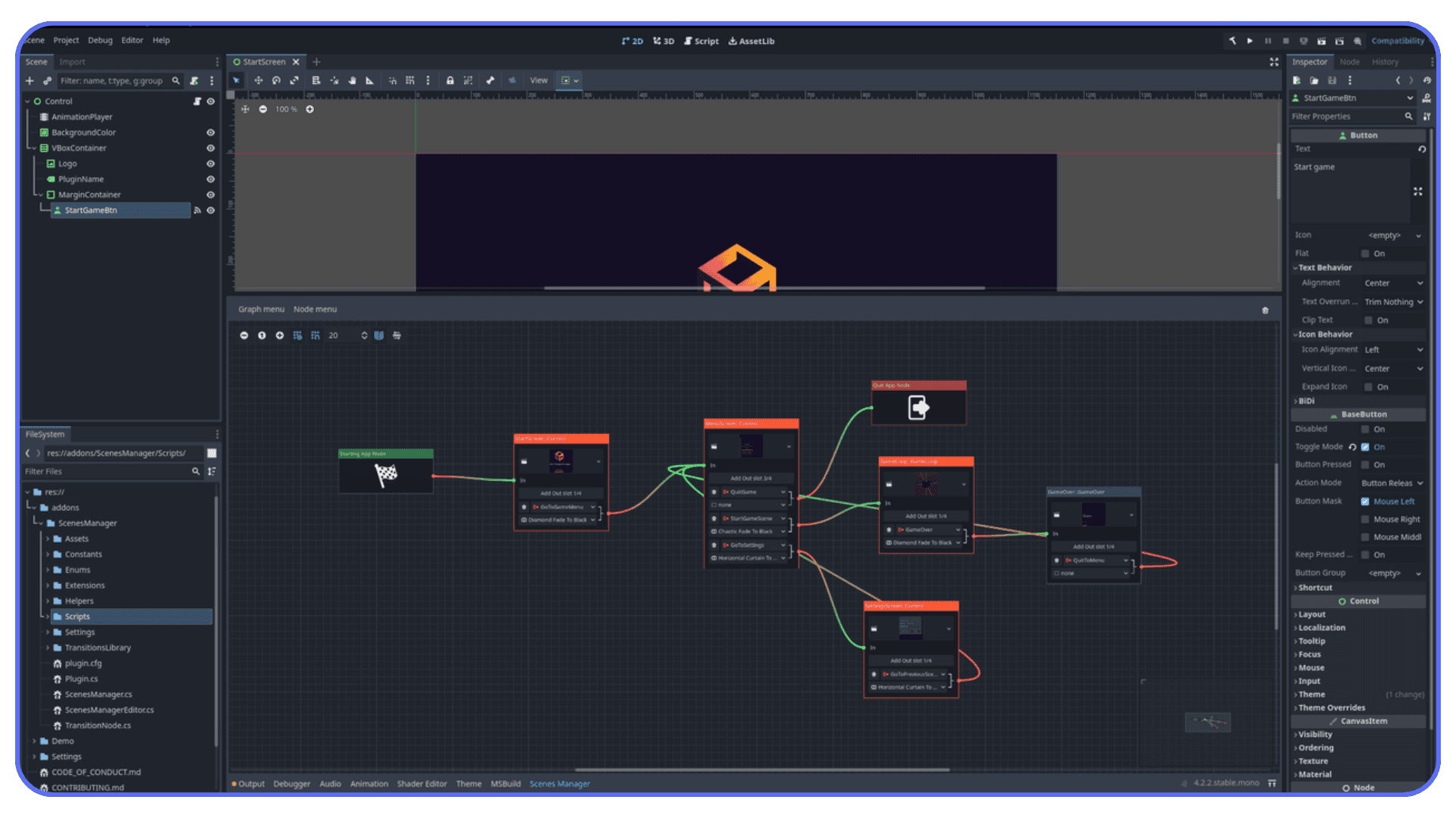Node graph inside Godot’s Scene Manager plugin showing transitions and logic connections between UI elements.