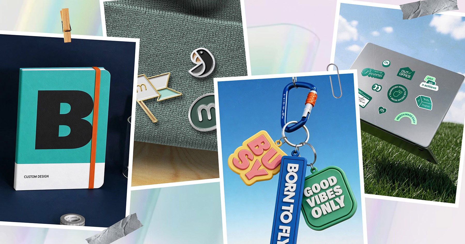 Business promotional products display with custom keychains, stickers, and branded office merchandise