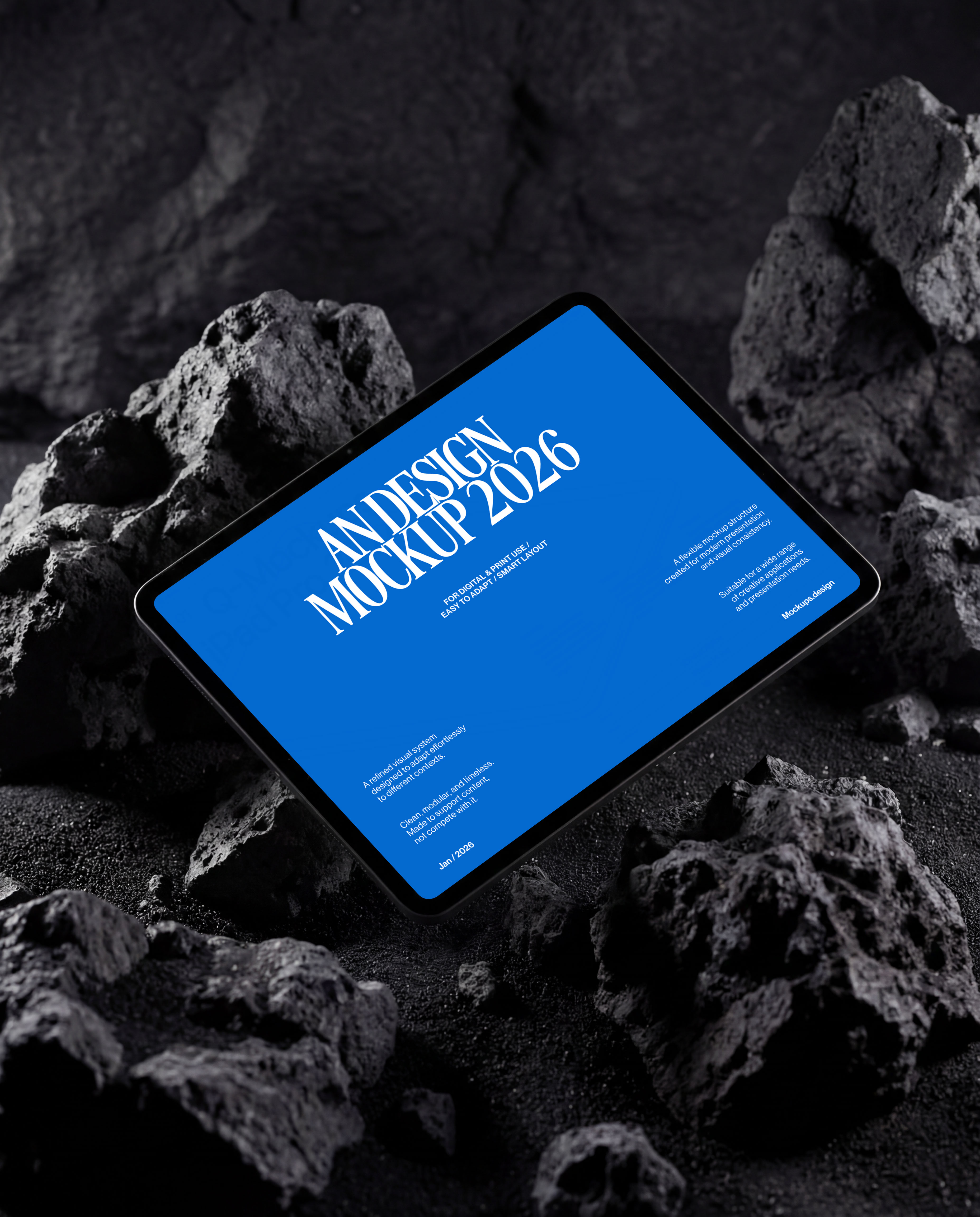 iPad mockup on dark rock surface, realistic device display