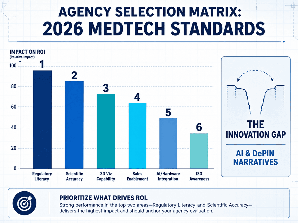A bar chart showing the six critical evaluation criteria for selecting a medical device creative agency in 2026.