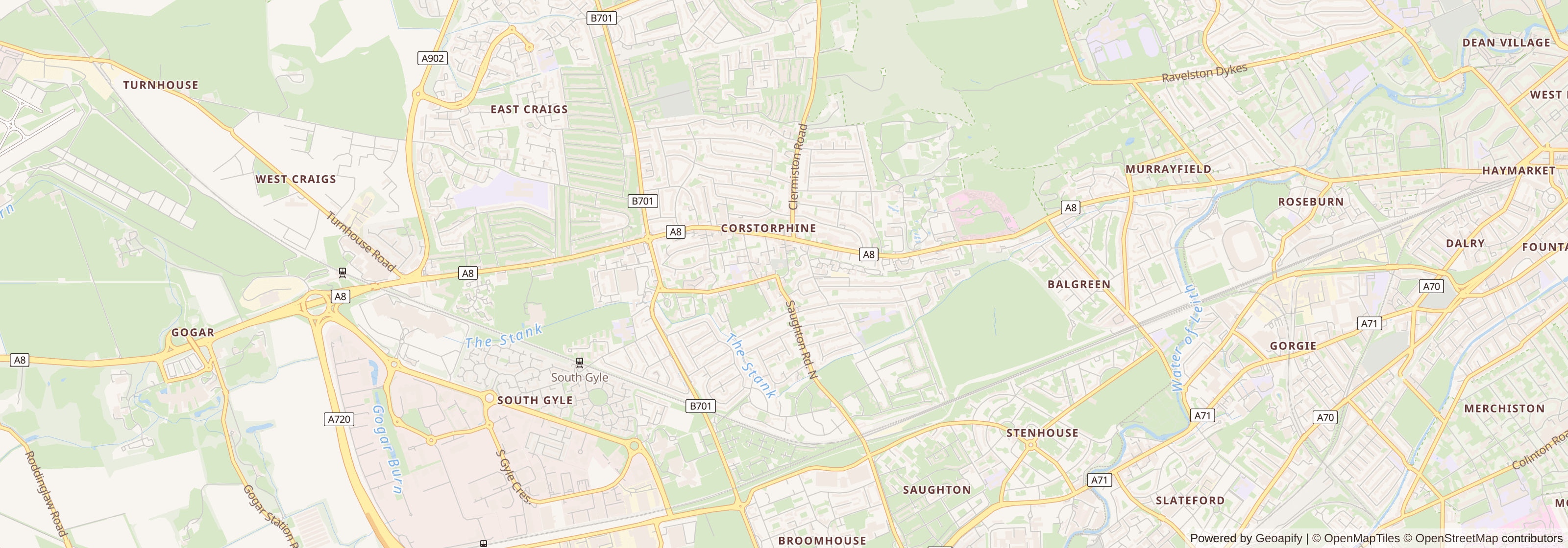 Street map of Corstorphine, City of Edinburgh showing main roads and nearby areas