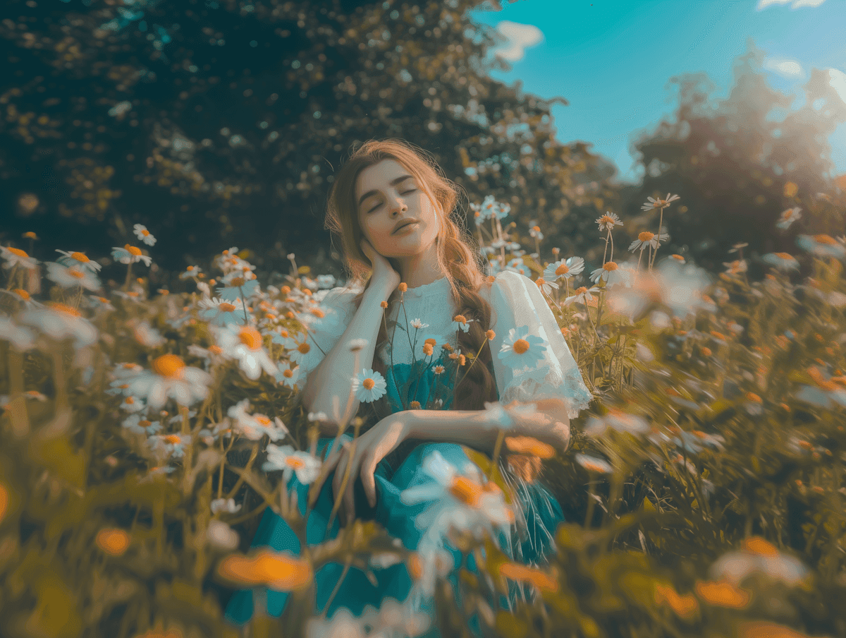 A young woman with closed eyes sits peacefully in a sunlit field filled with blooming daisies, surrounded by lush greenery and a clear blue sky.