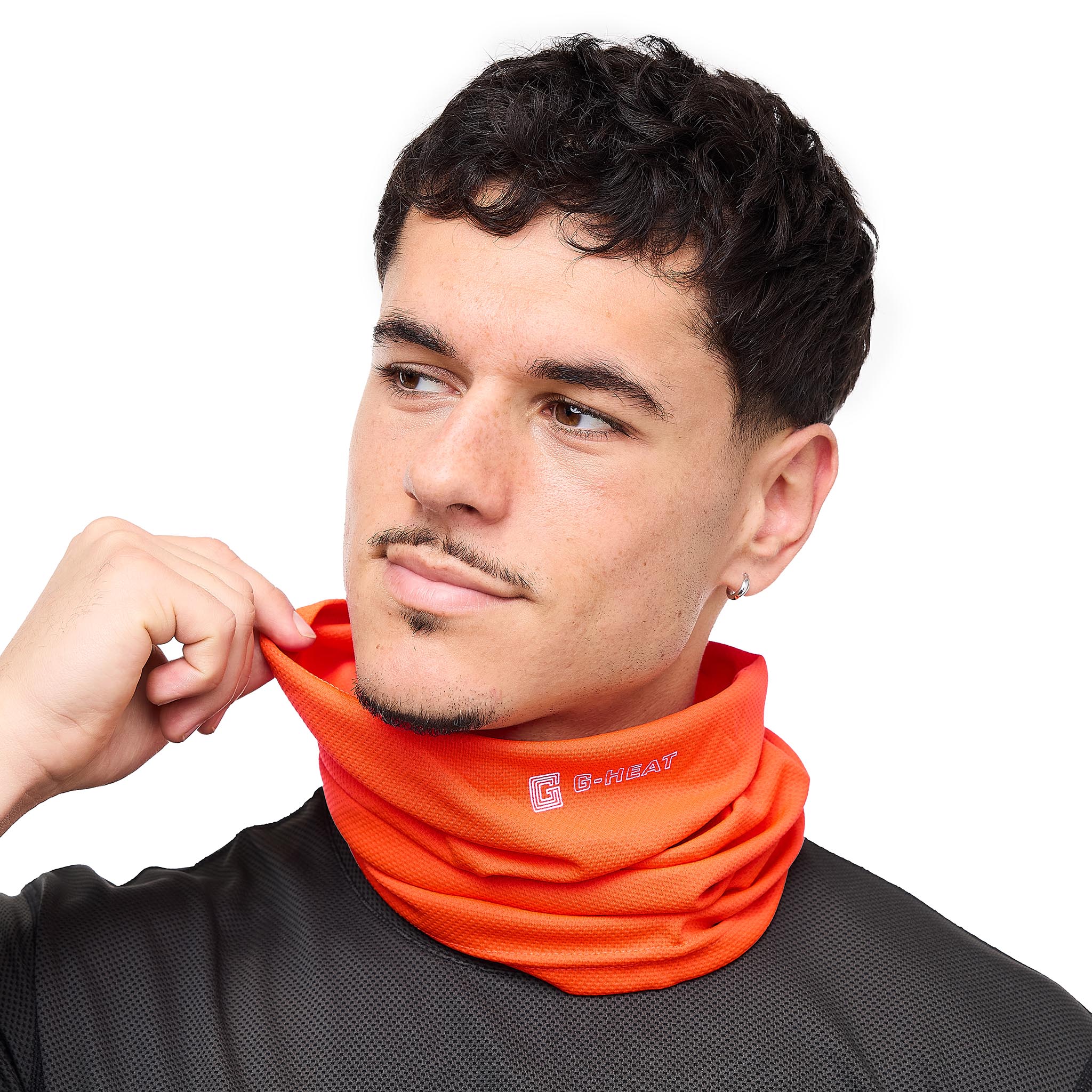 Orange G-Heat cooling neck gaiter worn by a man, white background