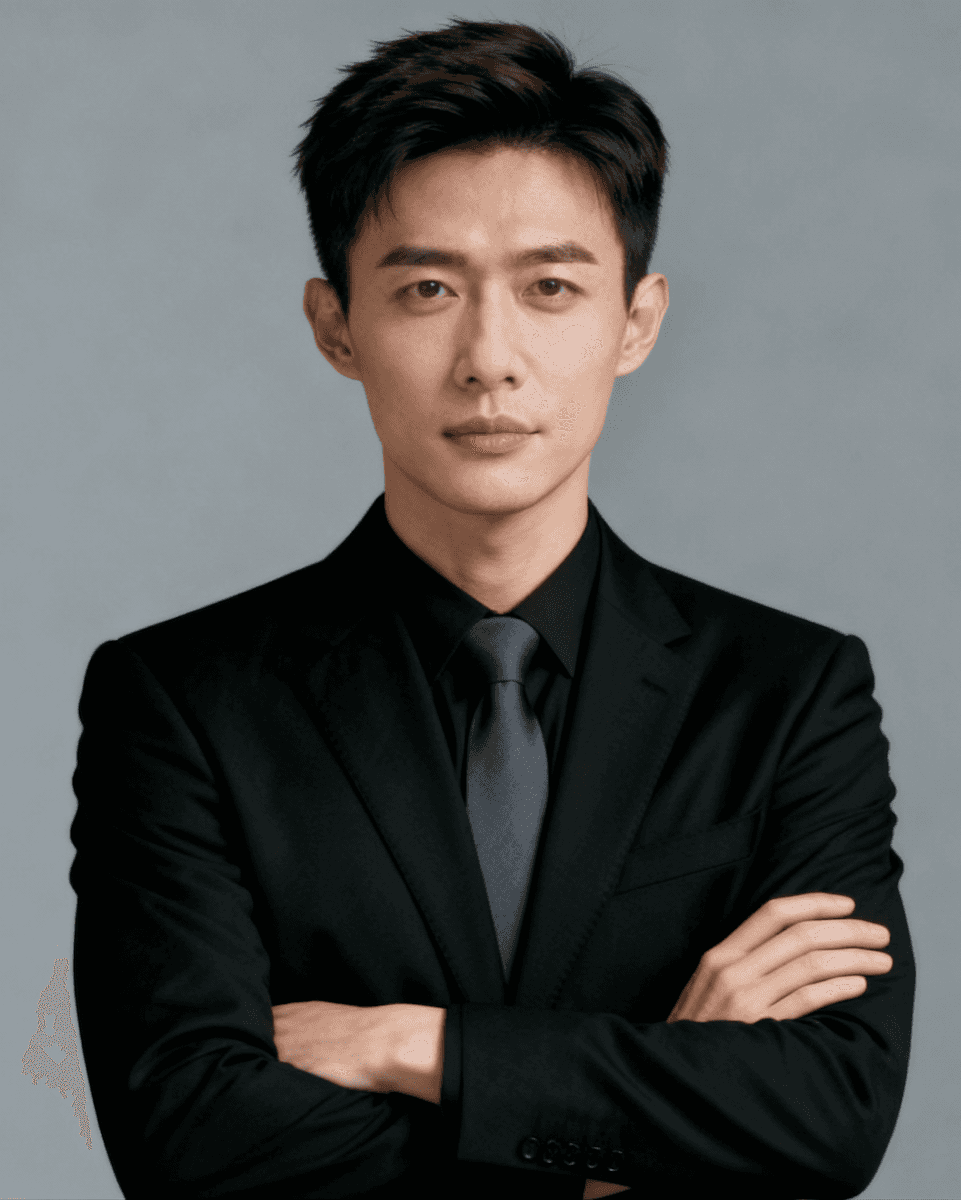 Portrait of a smiling man with styled brown hair and light stubble wearing a black blazer and white shirt.