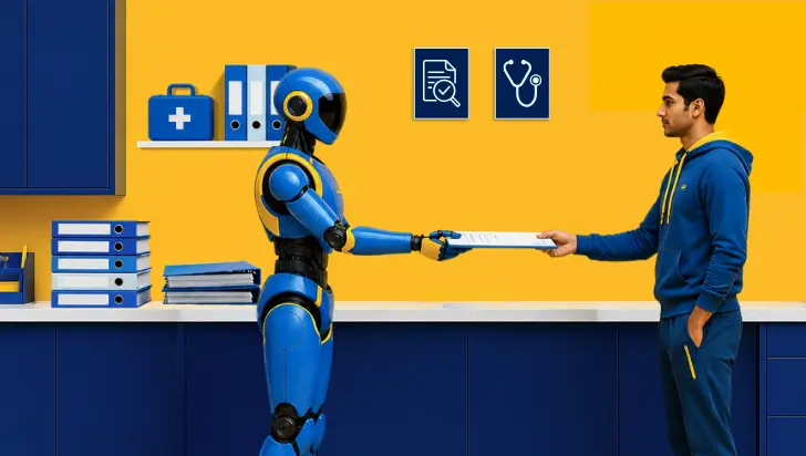 A blue AI robot handing a medical document to a person in a doctor's office setting, representing AI-assisted healthcare discovery.