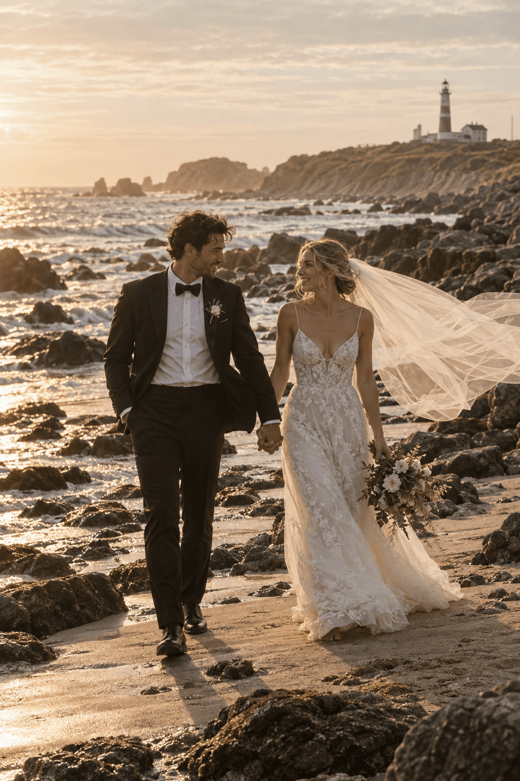 A newlywed couple walking along the coast