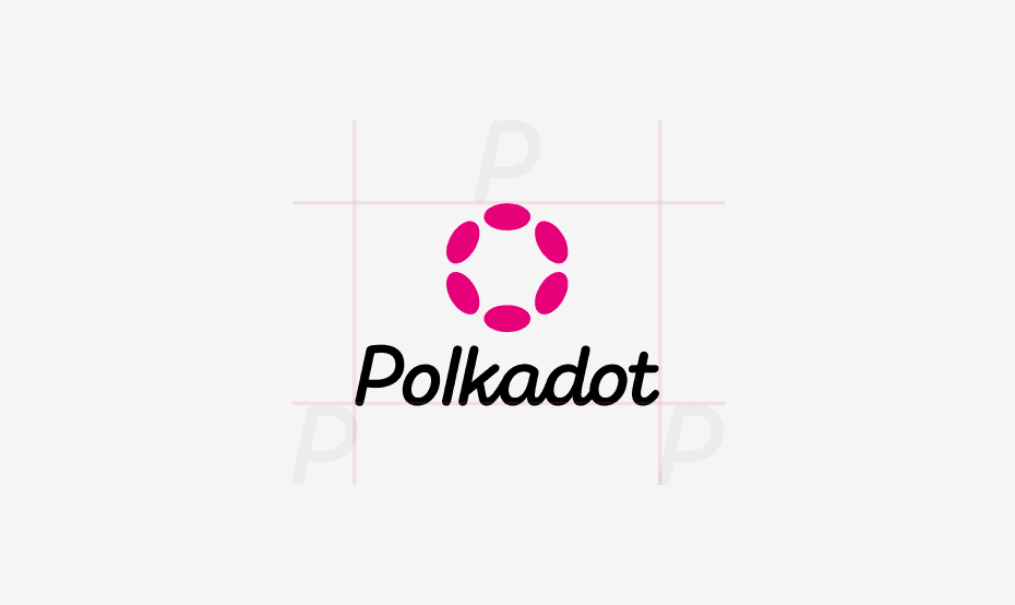 A brand identity style guide image showing the vertical (stacked) version of the Polkadot logo. The diagram uses grid lines and "P" unit measurements to ensure consistent proportions between the iconic pink logo mark and the centered typography below it.