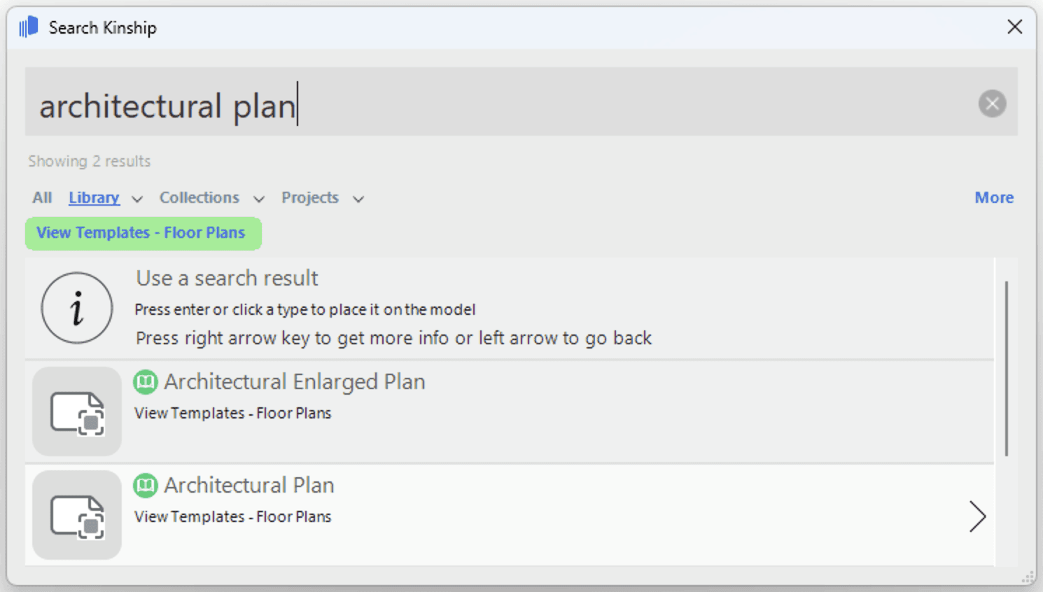 Searching for a view template in your library using the Kinship Revit add-in.