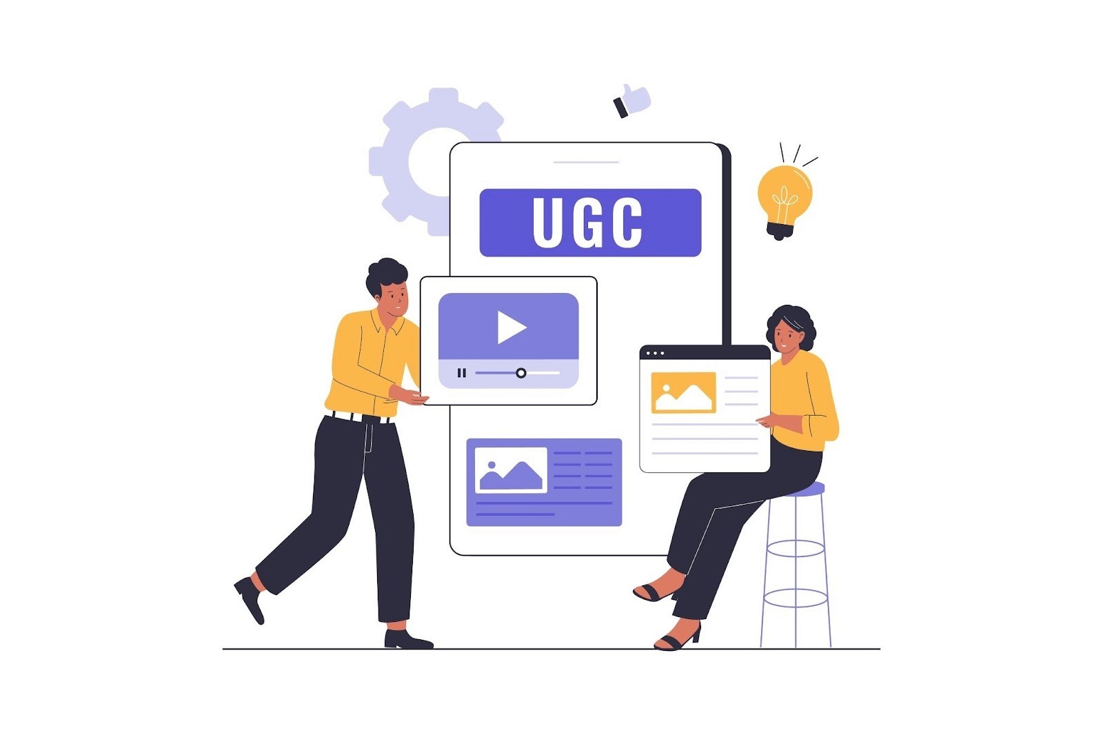 Illustration of two marketers managing UGC video and image content on a mobile screen, representing user-generated content collection for e-commerce brands