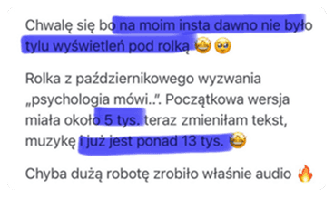 Biznes na Insta – opinia o wyzwaniu publikacji rolek, które pomogło uczestniczce określić niszę, uporządkować komunikację i osiągnąć największe dotąd zasięgi – mimo wcześniejszego udziału w różnych kursach i szkoleniach.