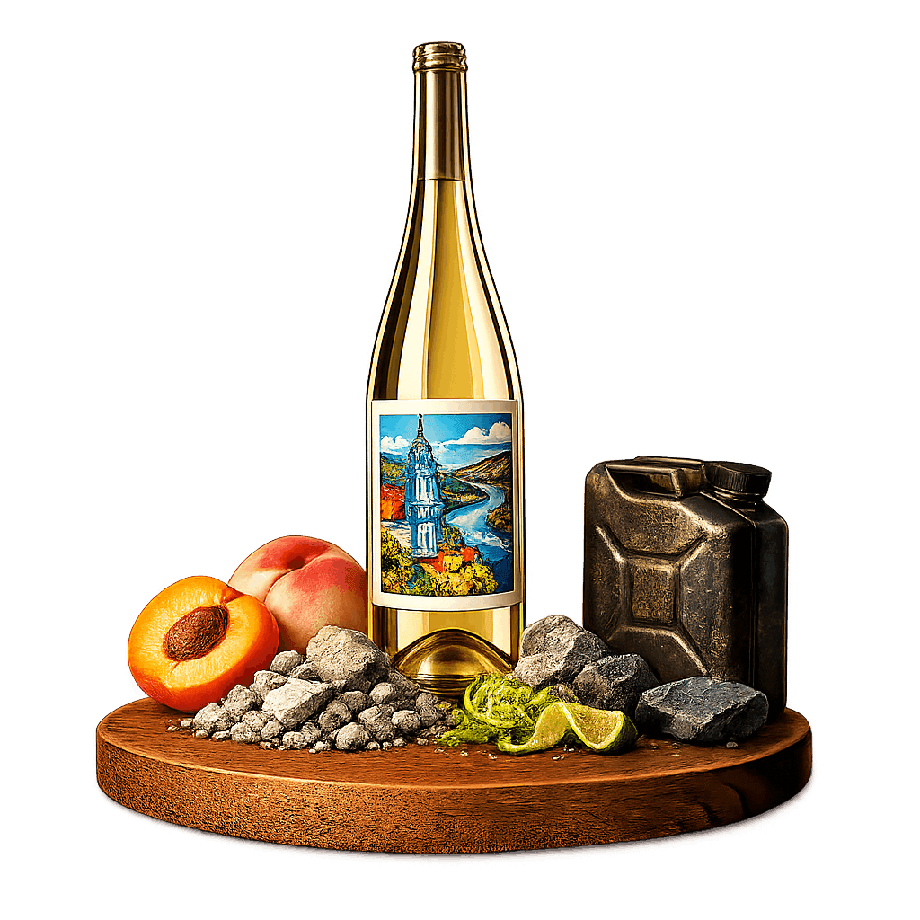 Artistic label and flavor profile for Austrian Wachau Riesling on a rustic wooden table.