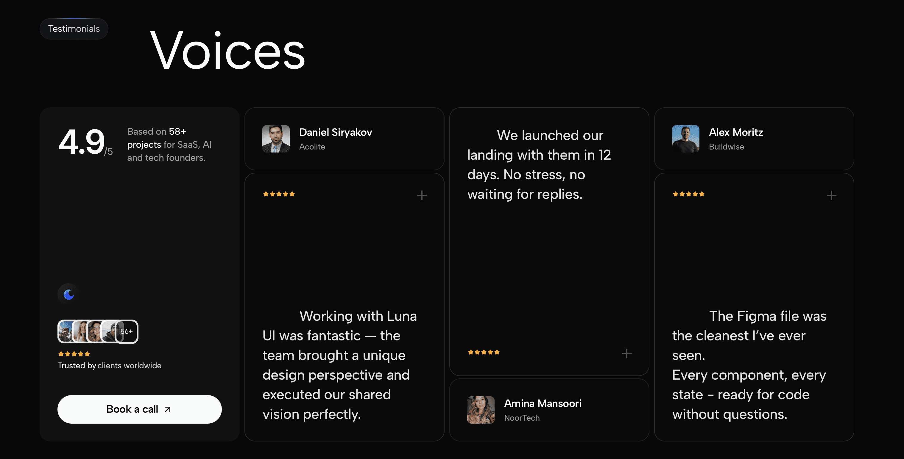 Testimonials section on Luna UI website featuring client feedback from SaaS and AI founders highlighting fast delivery and clean design systems.
