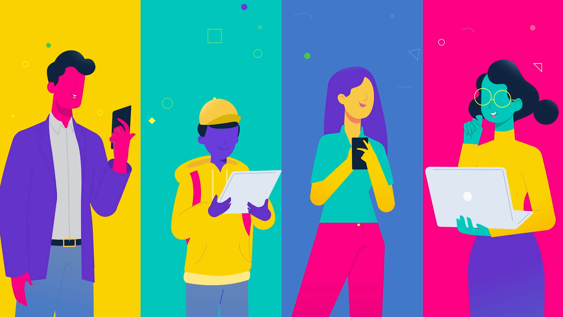 Split screen on four vertical parts with each partition with one portrait of a stylized and simplified young person, in bright coloured clothes and backgrounds, engaged in a various learning poses