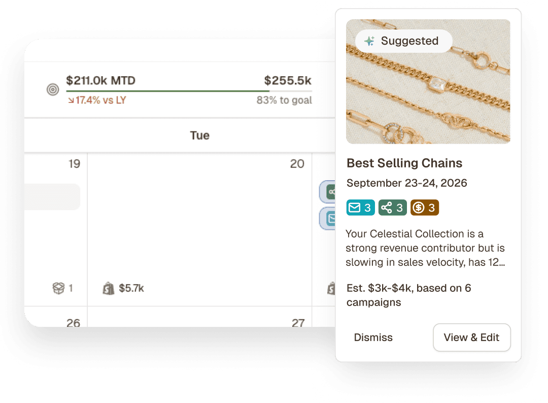 Marklo revenue goal tracker pinned to the top of the calendar, showing monthly progress toward a custom target