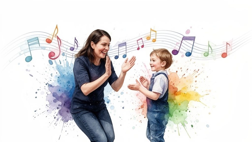 A joyful woman and a young boy clap hands, surrounded by colorful musical notes and watercolor splashes.