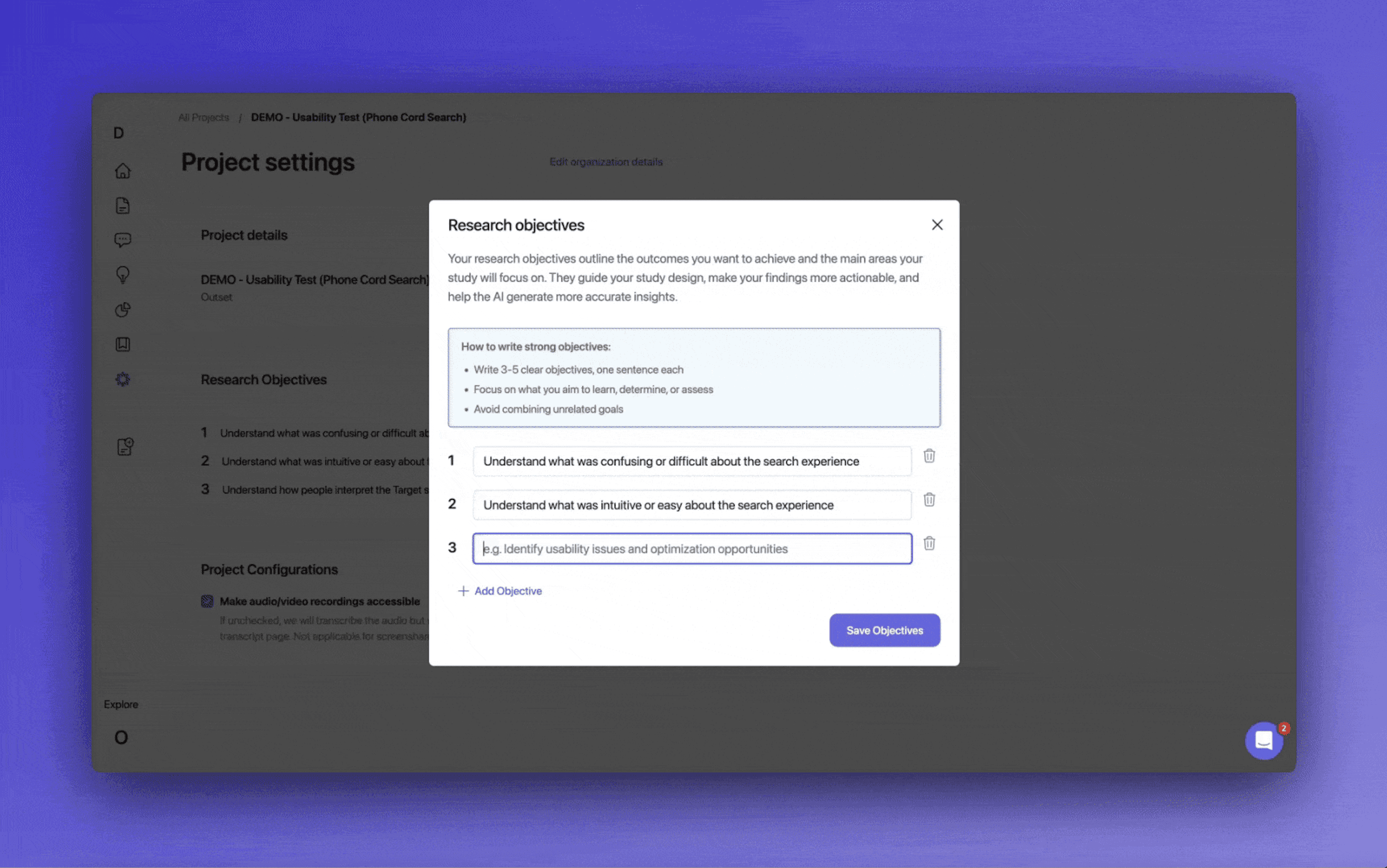 Modal showing how to define research objectives in an Outset usability study