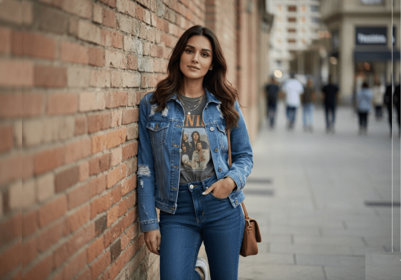 AI-generated virtual model in a stylish street pose, an example of AI content for fashion brands.